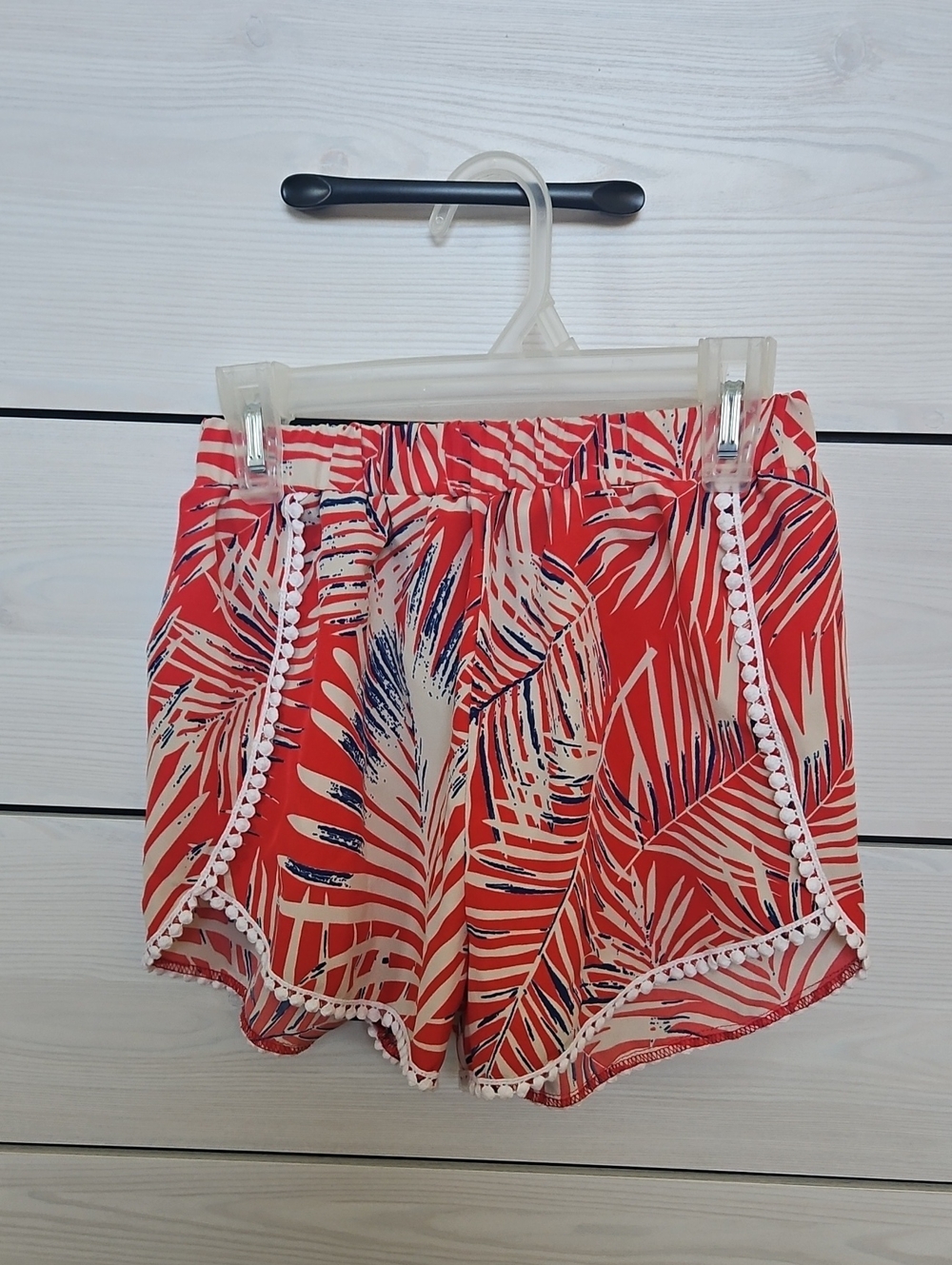 SHEIN Red Tropical Leaf Pom-Pom Trim Athletic Shorts